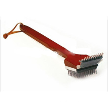 Barbecue Grill Brush and Scraper Large Wooden Handle and Stainless Steel Bristles